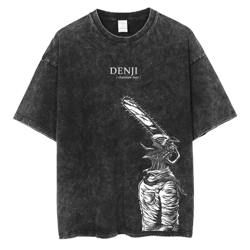 🪚 Chainsaw Man Acid-Washed Vintage Graphic T-Shirt – Harajuku Streetwear