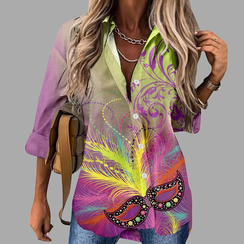 🎭 Mardi Gras Women's V-Neck Long Sleeve Carnival Print Shirt