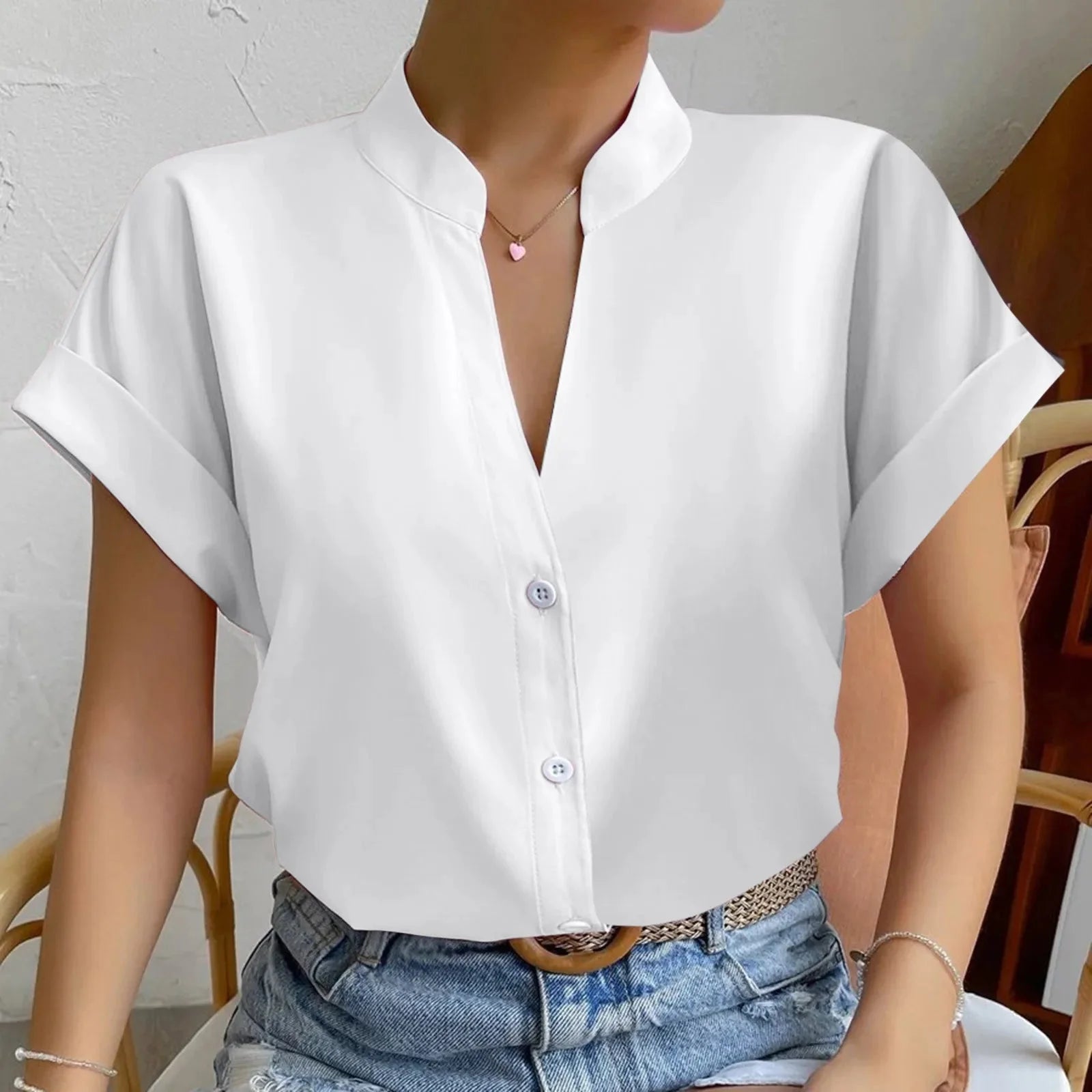 🧡 Summer Women's Satin V-Neck Short Sleeve Shirt – Elegant Casual Wear