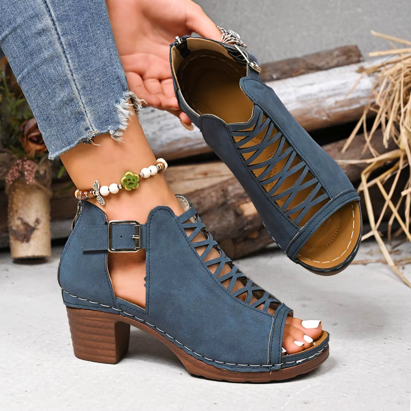 Women's Peep-Toe Block Heel Sandals | Single Strap Buckle Suede Heels in Denim Blue | EU 36–42