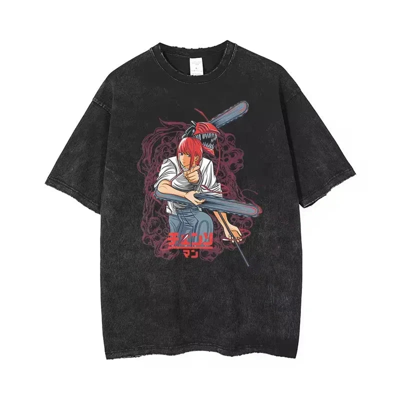 🪚 Chainsaw Man Acid-Washed Vintage Graphic T-Shirt – Harajuku Streetwear