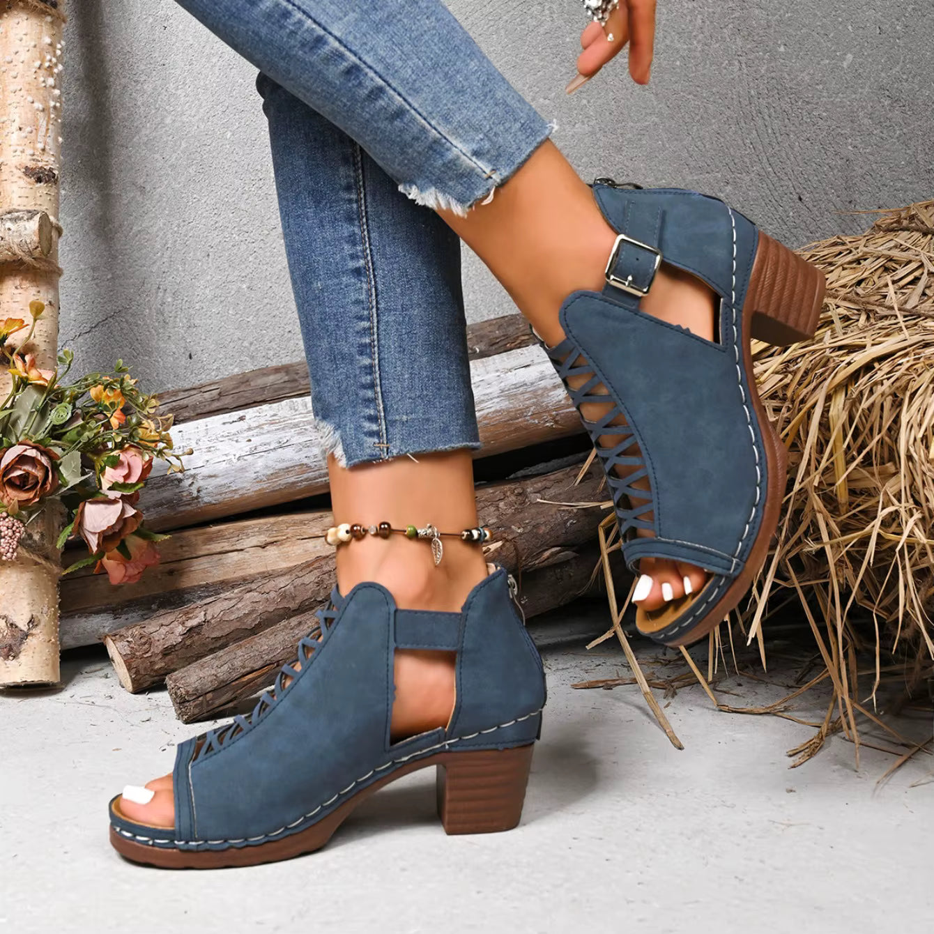 Women's Peep-Toe Block Heel Sandals | Single Strap Buckle Suede Heels in Denim Blue | EU 36–42