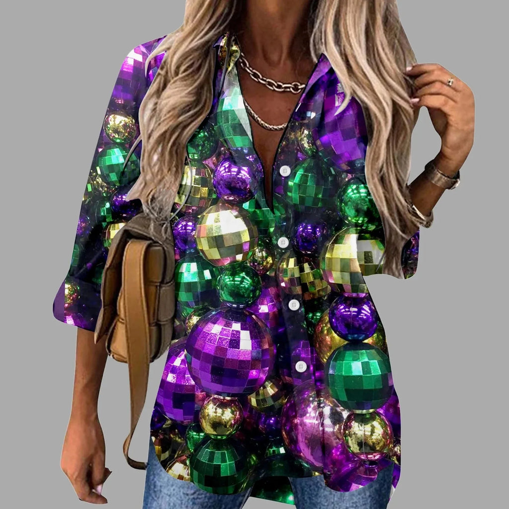 🎭 Mardi Gras Women's V-Neck Long Sleeve Carnival Print Shirt