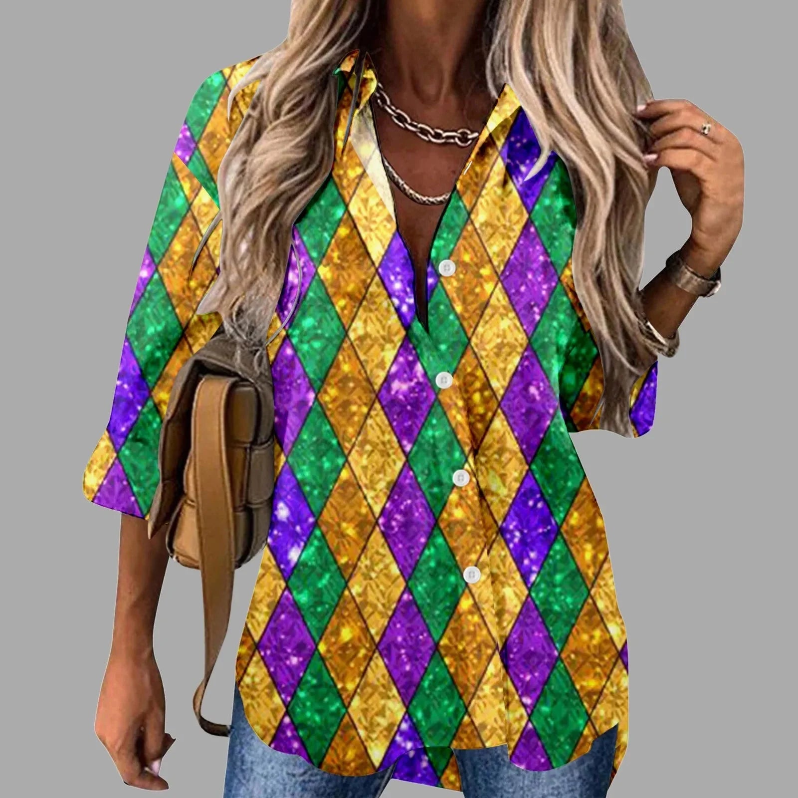 🎭 Mardi Gras Women's V-Neck Long Sleeve Carnival Print Shirt