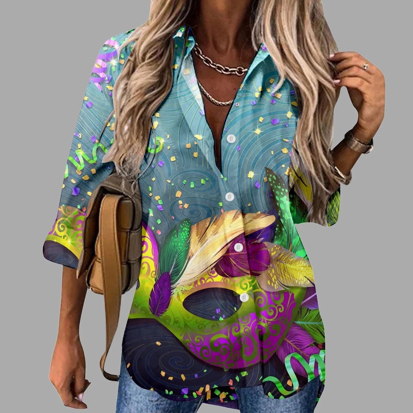 🎭 Mardi Gras Women's V-Neck Long Sleeve Carnival Print Shirt