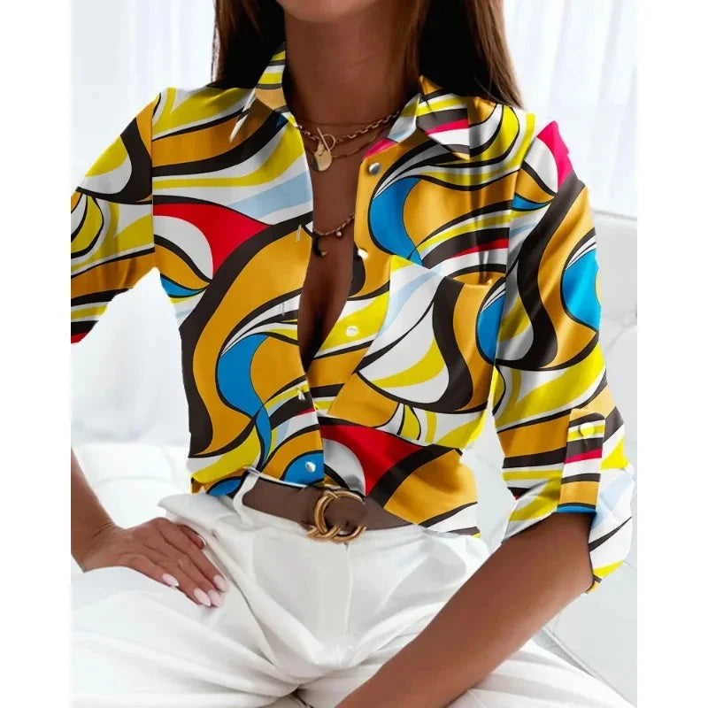 Women’s Printed Long-Sleeve Lapel Shirt | Casual Elegant Blouse