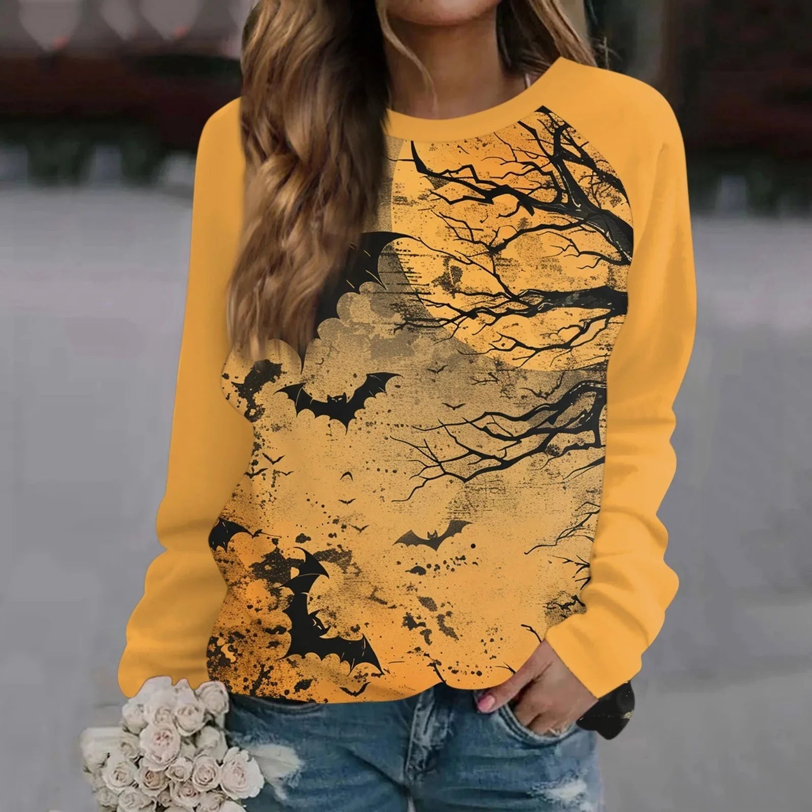 🎃 Vintage Pumpkin Print Long Sleeve T-Shirt – Harajuku Halloween Graphic Tee