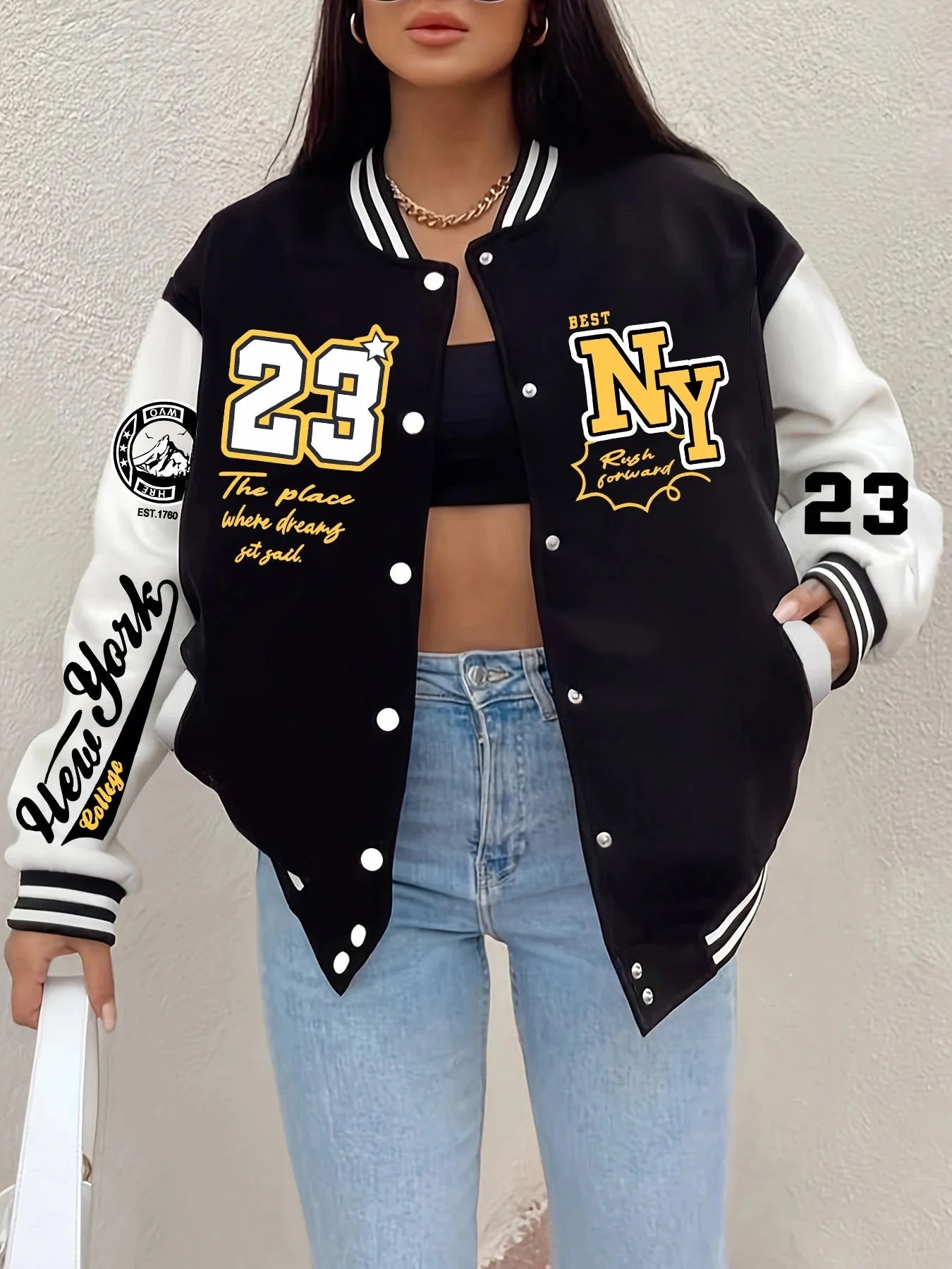 New York “23” Letter Printed Baseball Jacket Women