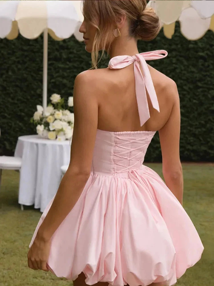 Women’s Pink Corset Puffball-Hem Mini Dress