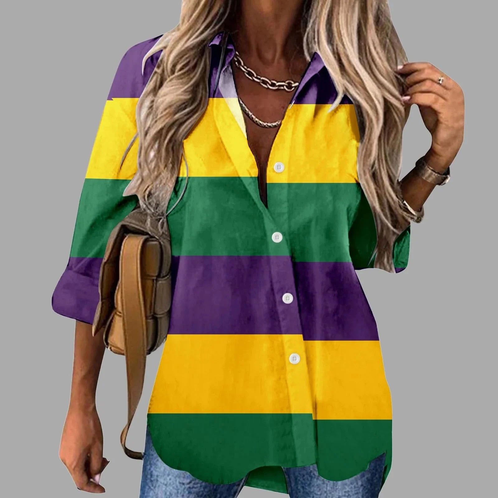 🎭 Mardi Gras Women's V-Neck Long Sleeve Carnival Print Shirt