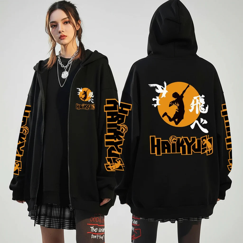🏐 Haikyuu!! Karasuno High School Zip-Up Hoodie – Unisex Anime Streetwear