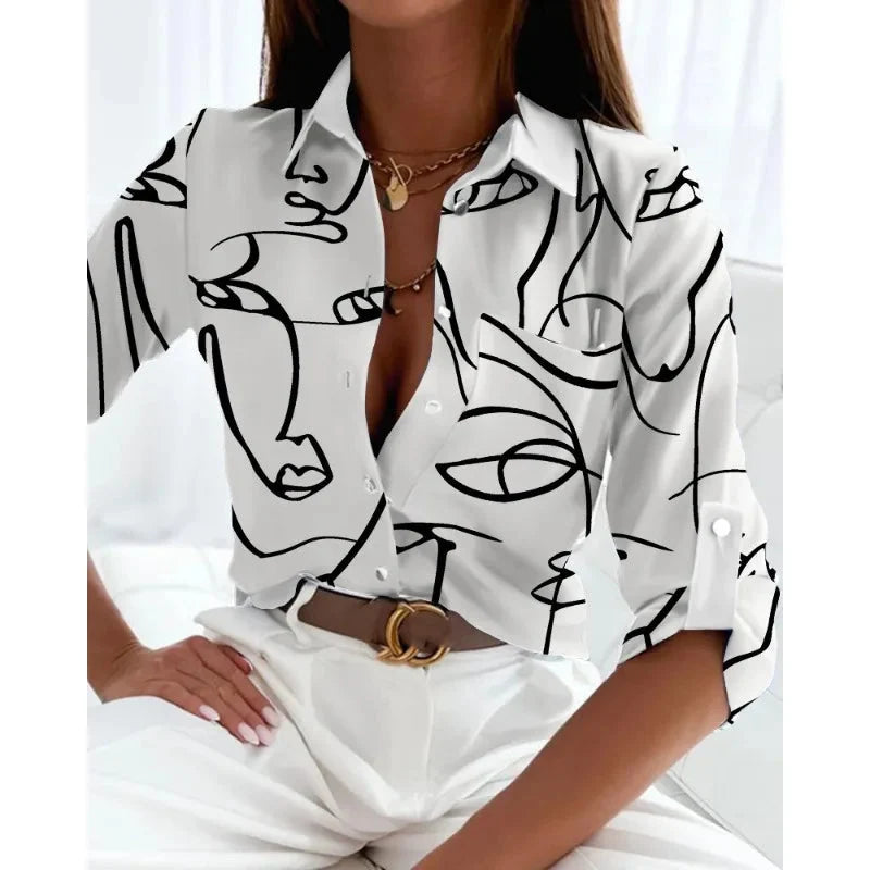 Women’s Printed Long-Sleeve Lapel Shirt | Casual Elegant Blouse