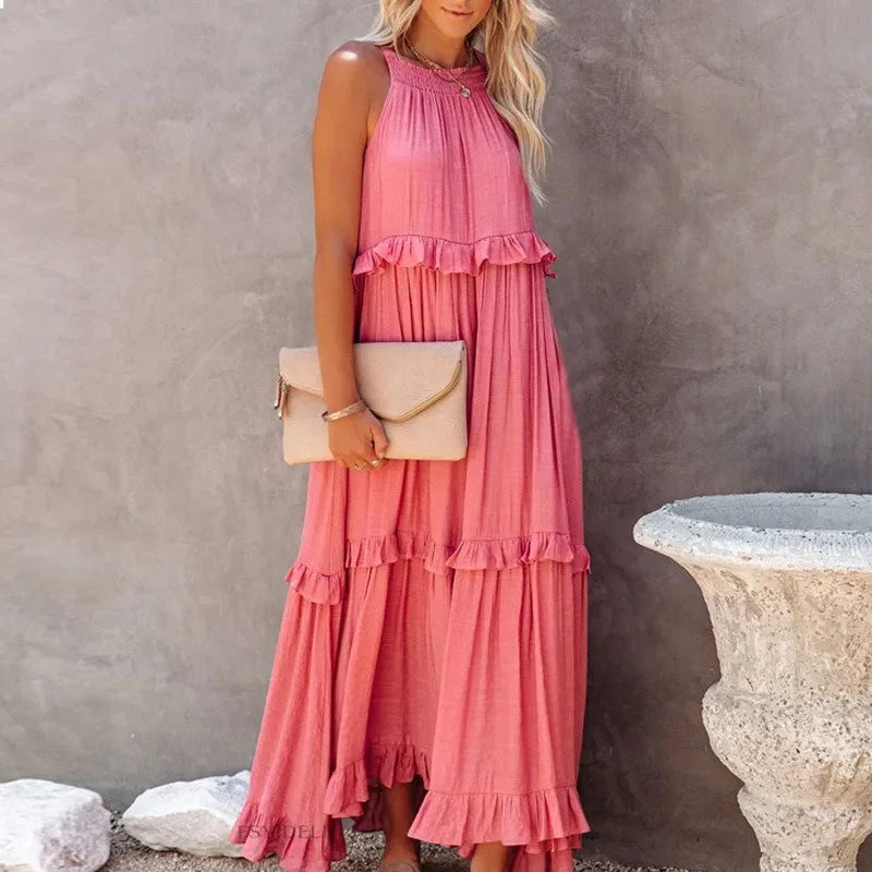 Elegant Apricot Ruffle Maxi Dress