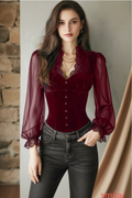 Women's Velvet & Lace Trim Top V-Neck Long Sleeve Blouse