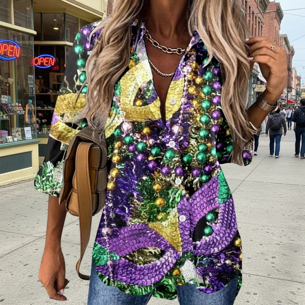 🎭 Mardi Gras Women's V-Neck Long Sleeve Carnival Print Shirt