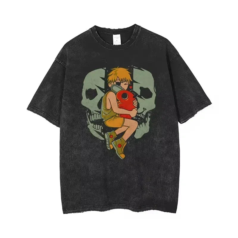 🪚 Chainsaw Man Acid-Washed Vintage Graphic T-Shirt – Harajuku Streetwear