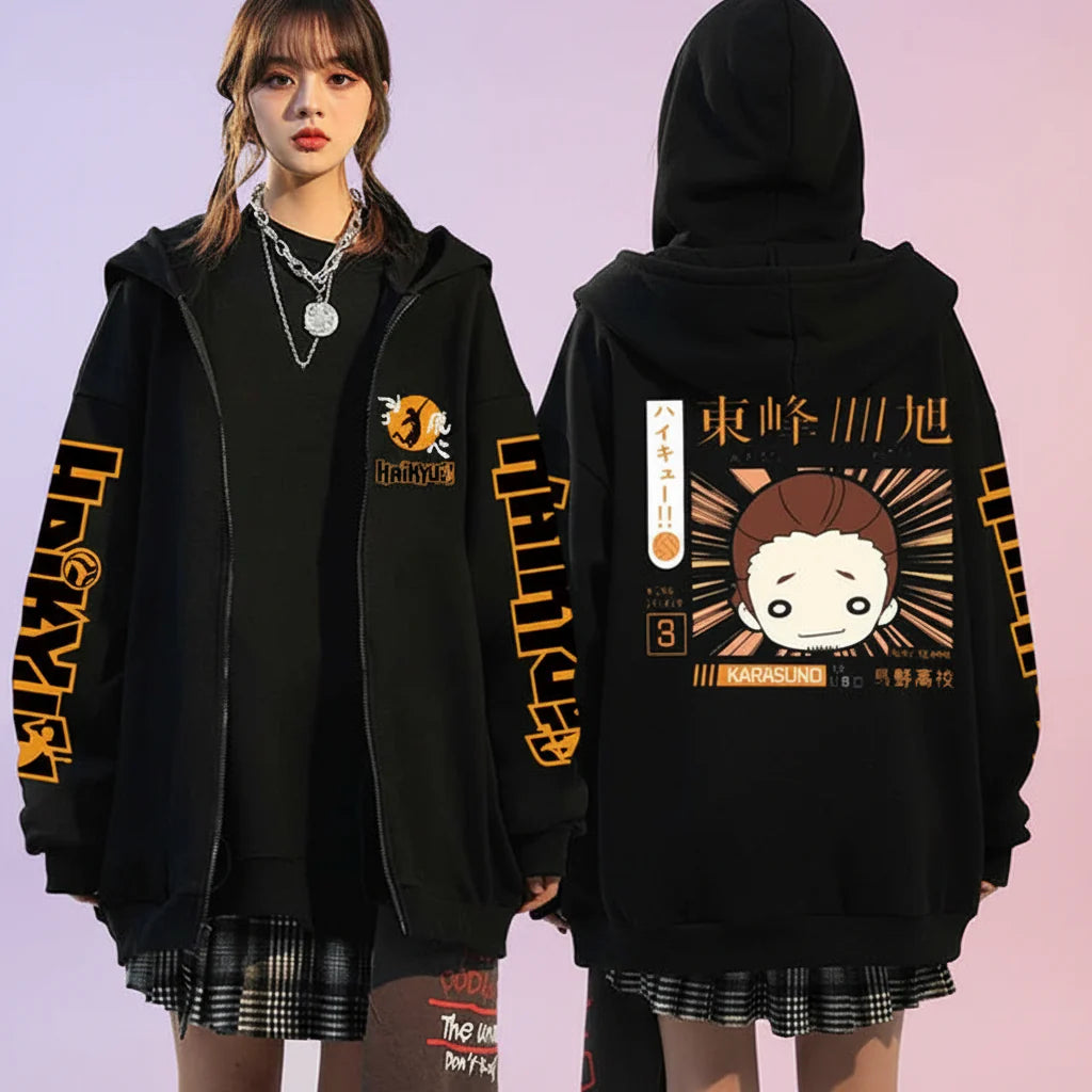 🏐 Haikyuu!! Karasuno High School Zip-Up Hoodie – Unisex Anime Streetwear