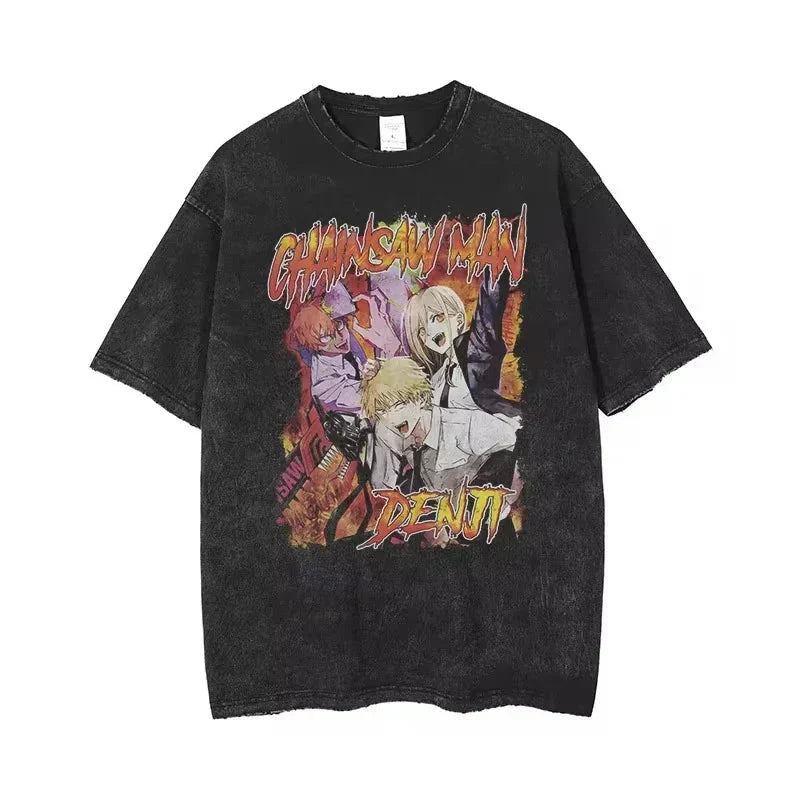 🪚 Chainsaw Man Acid-Washed Vintage Graphic T-Shirt – Harajuku Streetwear
