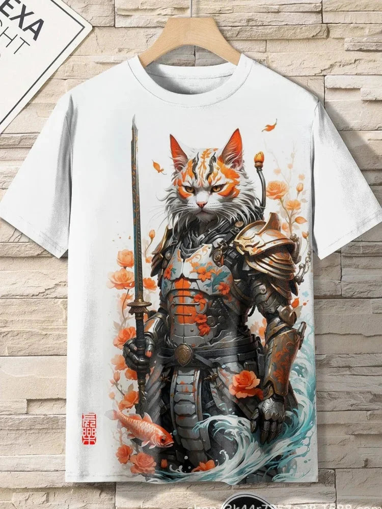 Samurai Cat Graphic T-Shirt – Japanese Style 3D Print Men's Tee