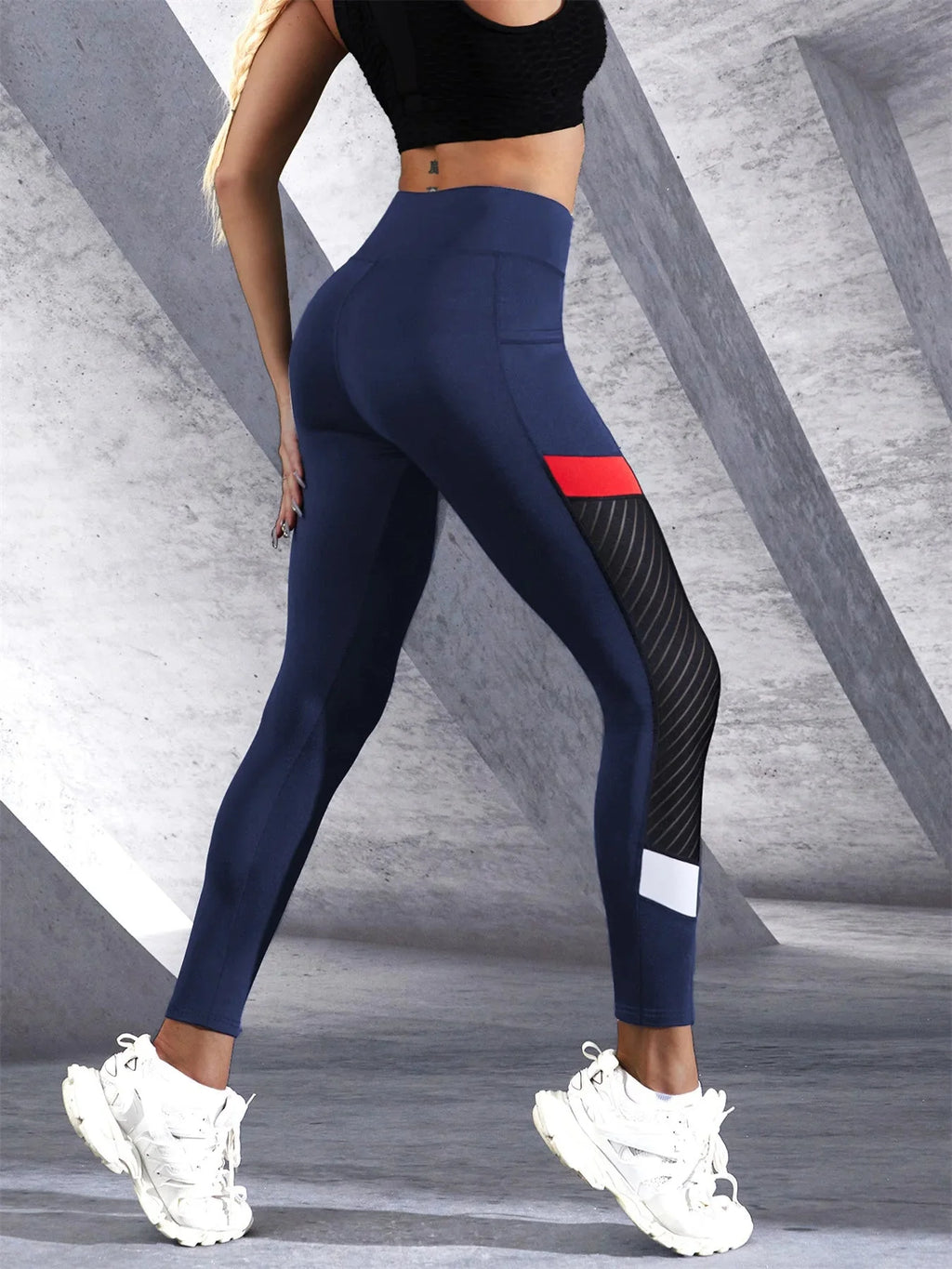 🖤 Colorblocked Mesh High-Waist Yoga Leggings with Side Pockets