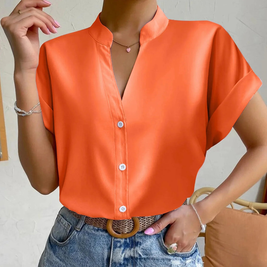 🧡 Summer Women's Satin V-Neck Short Sleeve Shirt – Elegant Casual Wear