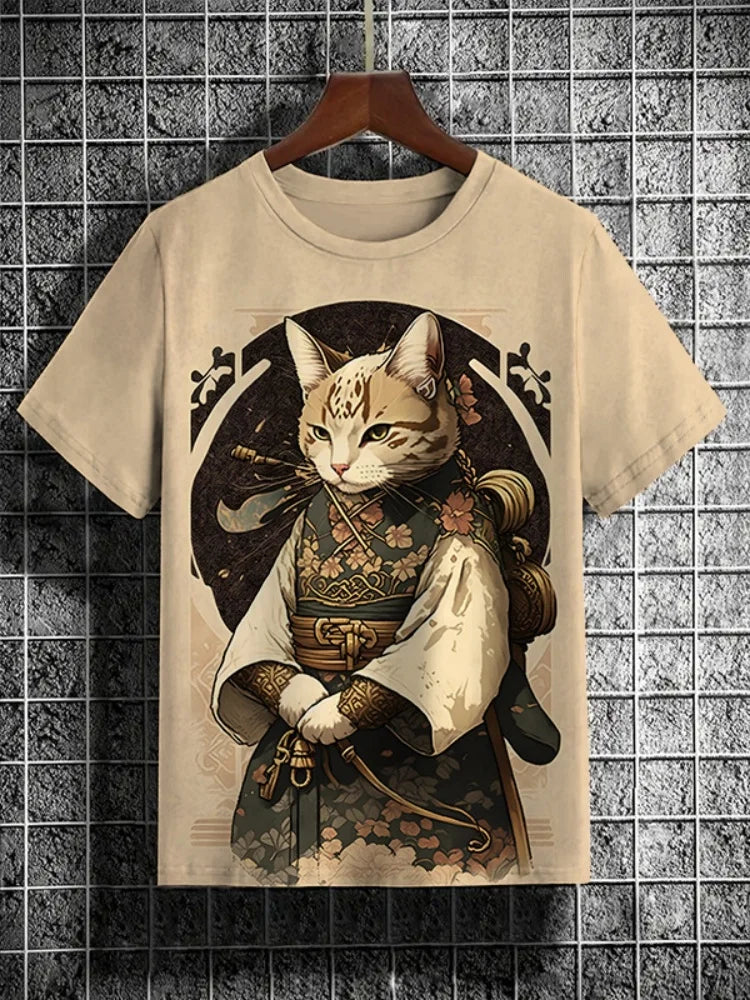 Samurai Cat Graphic T-Shirt – Japanese Style 3D Print Men's Tee