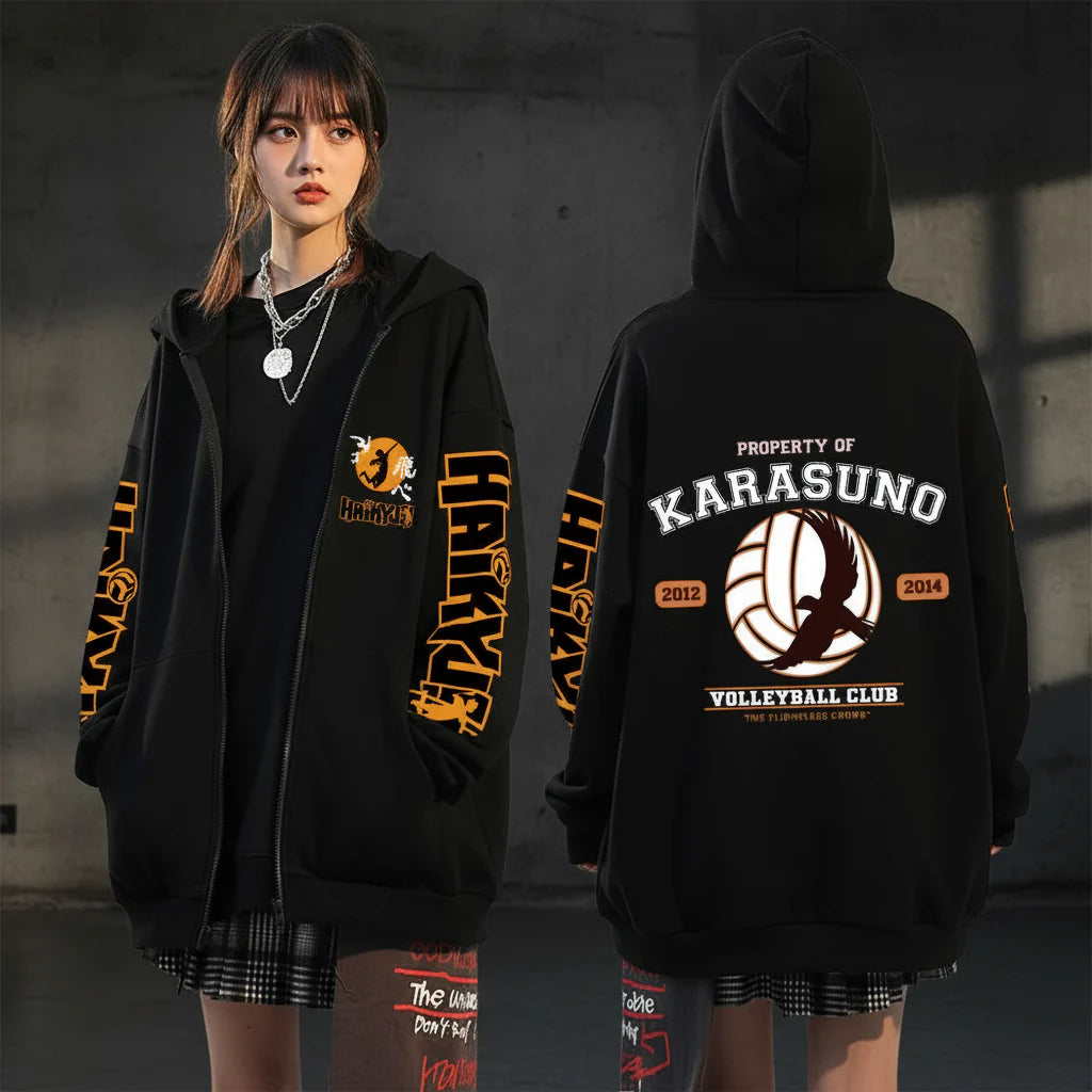 🏐 Haikyuu!! Karasuno High School Zip-Up Hoodie – Unisex Anime Streetwear