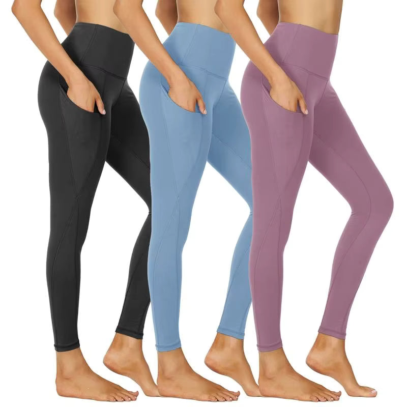 3-Pack High-Waisted Cropped Yoga Pants with Slanted Pockets