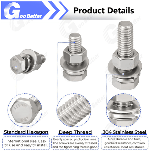 64Pcs 1/4''-20 Hex Head Bolts And Nut & Washer Assortment Kit 304 Stainless Steel