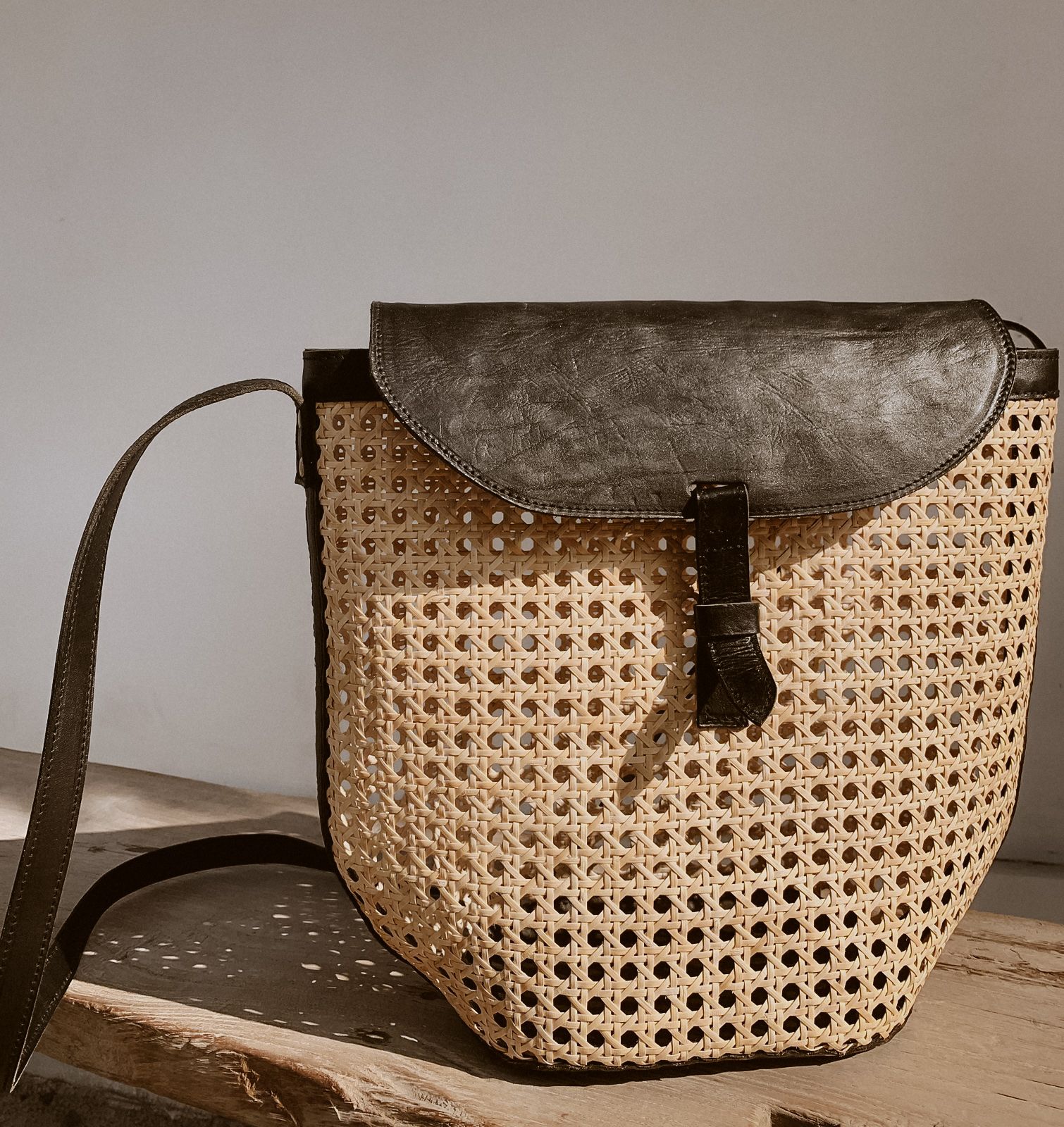 Rumi Leather and Cane Bucket Bag