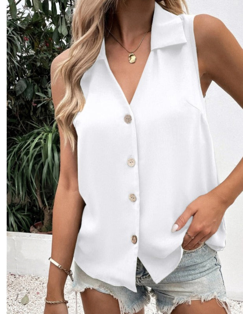 Women's Solid-Color Sleeveless Loose Vest Top – Button Detail