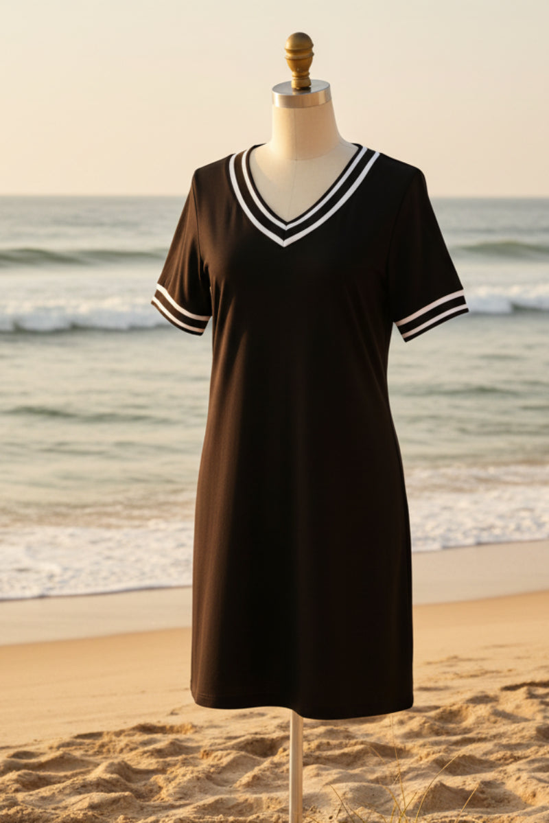 Women's Contrast-Color V-Neck A-Line Dress – Short Sleeve, Elegant, Mid-Rise