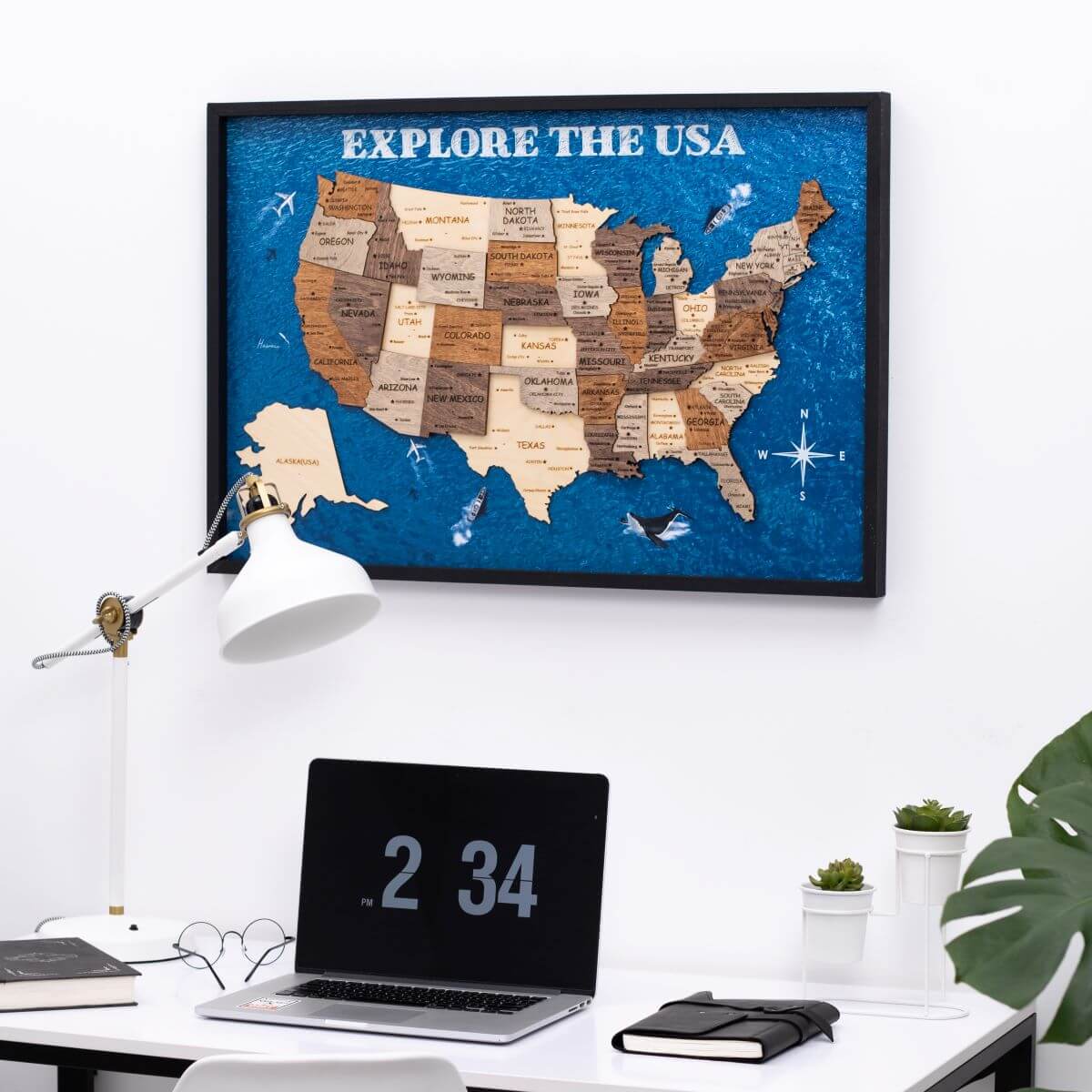 3D Wooden USA Map on Board Multicolor