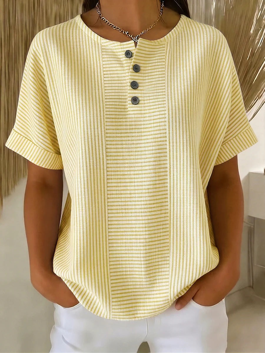 Women's Striped T-Shirt – V-Neck, Button Detail, Loose Fit