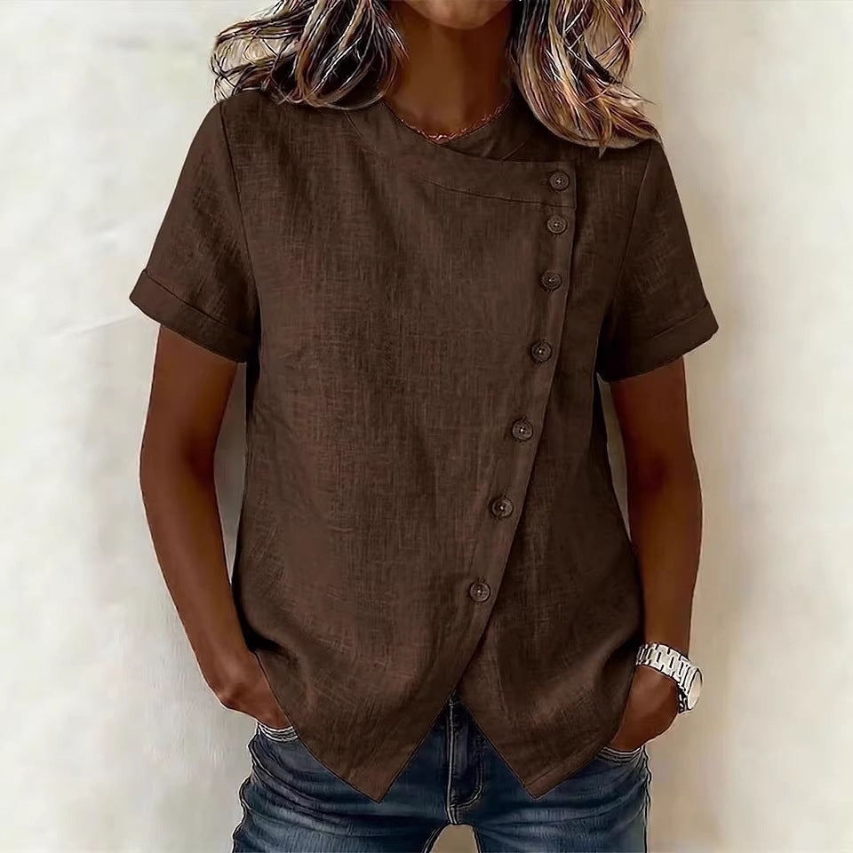 Women's Cross-Neckline Asymmetrical Hem Cotton Linen Top – Loose Fit