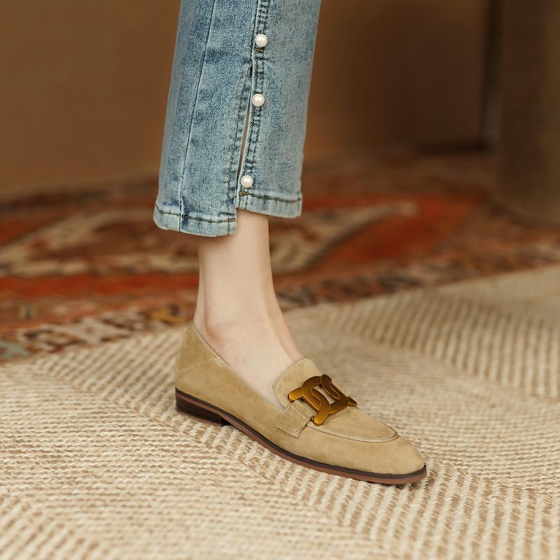 Women's Retro Metal Buckle Suede Loafers – Platform Chunky Heel Slip-On
