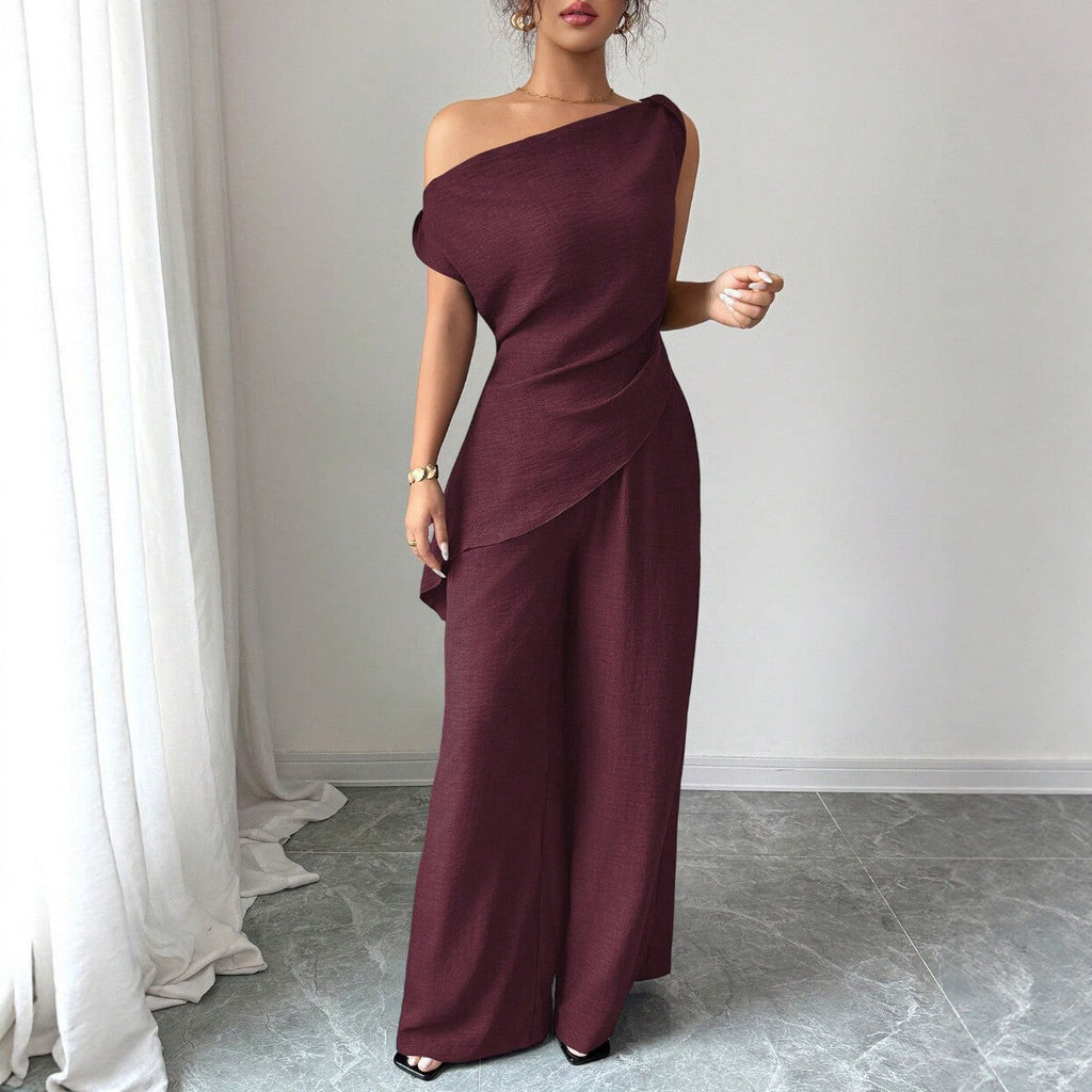 One-Shoulder Asymmetric Top & Wide-Leg Pants 2-Piece Set – Women's Elegant Co-ord Suit