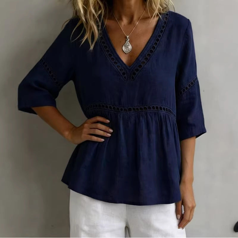 Women's V-Neck Hollow-Out Fringe Cotton-Linen Top