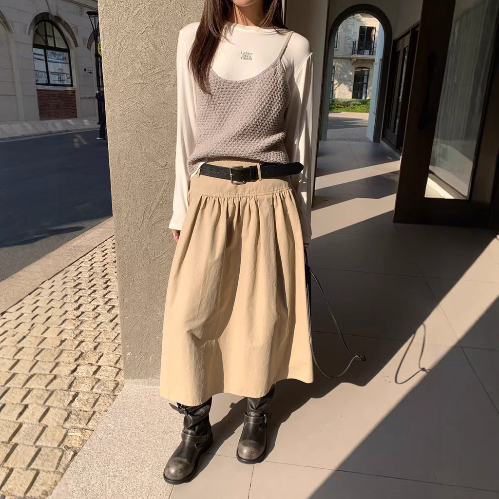 Relaxed A-Line Crushed Pleat Cotton Midi Skirt with Belt