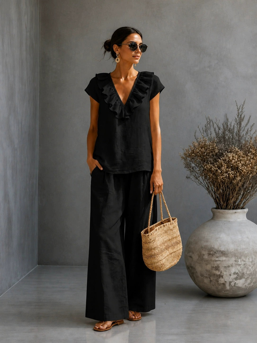 Women's V-Neck Ruffled Hem Top & Wide-Leg Pants Two-Piece Set