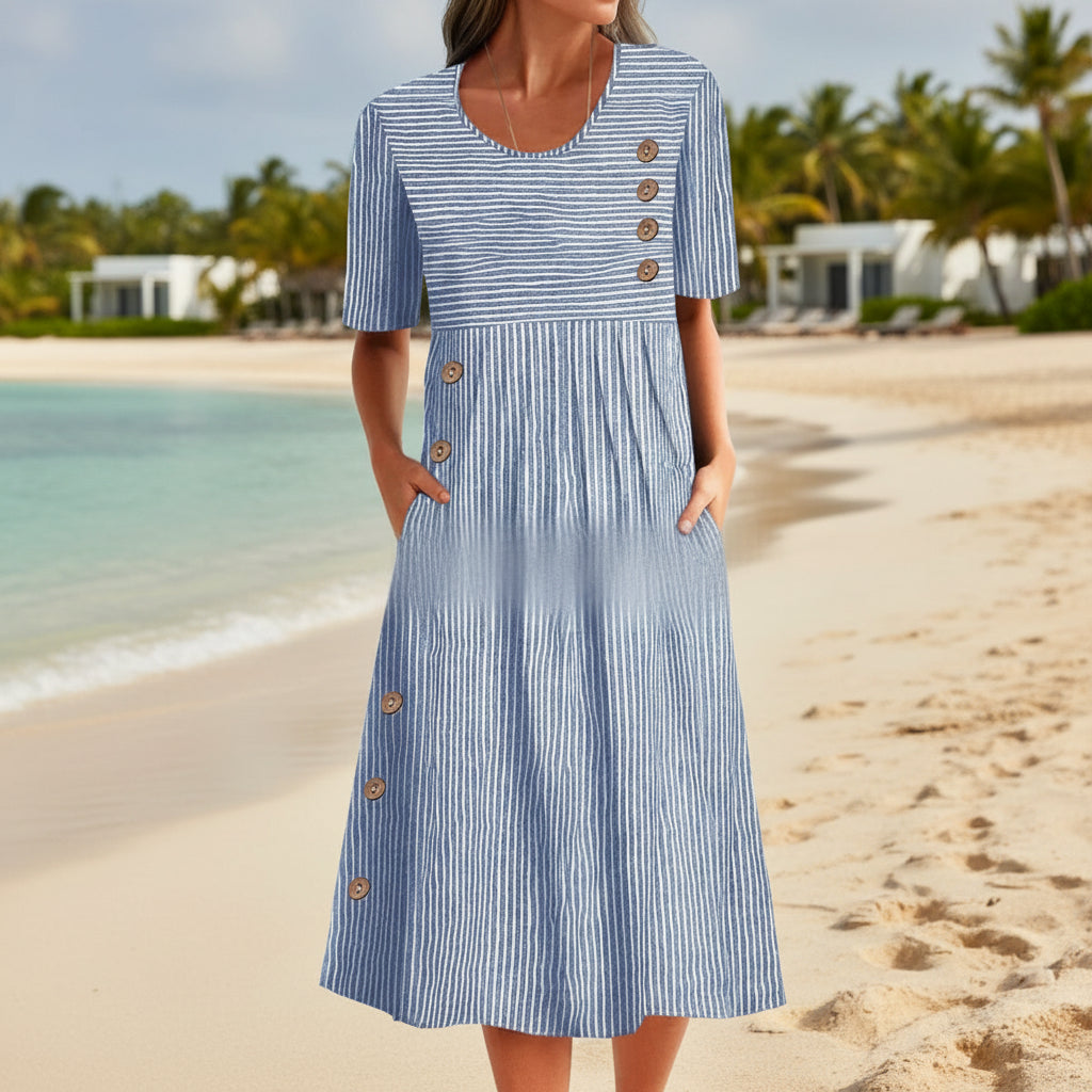 Button-Down Swing Maxi Dress – Short Sleeve Pocket Pullover Long Dress