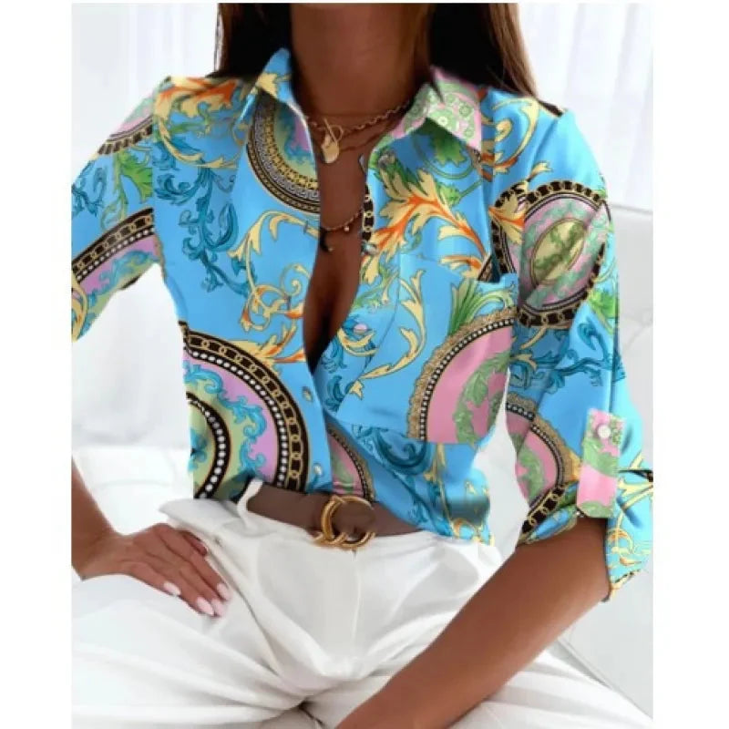 Women’s Printed Long-Sleeve Lapel Shirt | Casual Elegant Blouse
