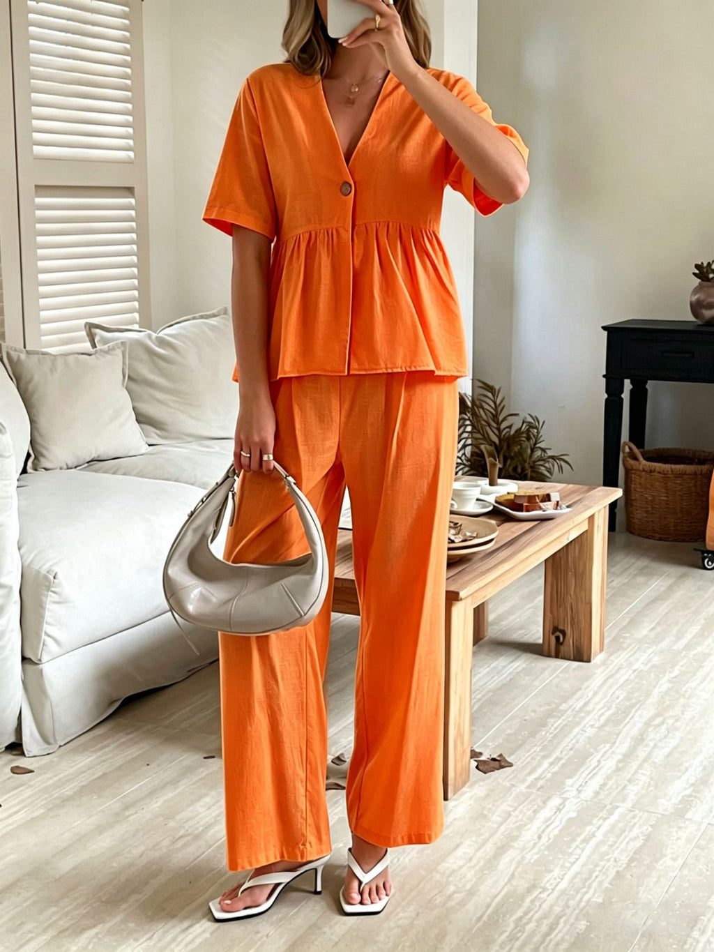 Women's V-Neck Loose Short-Sleeve Top & Wide-Leg Pants Set