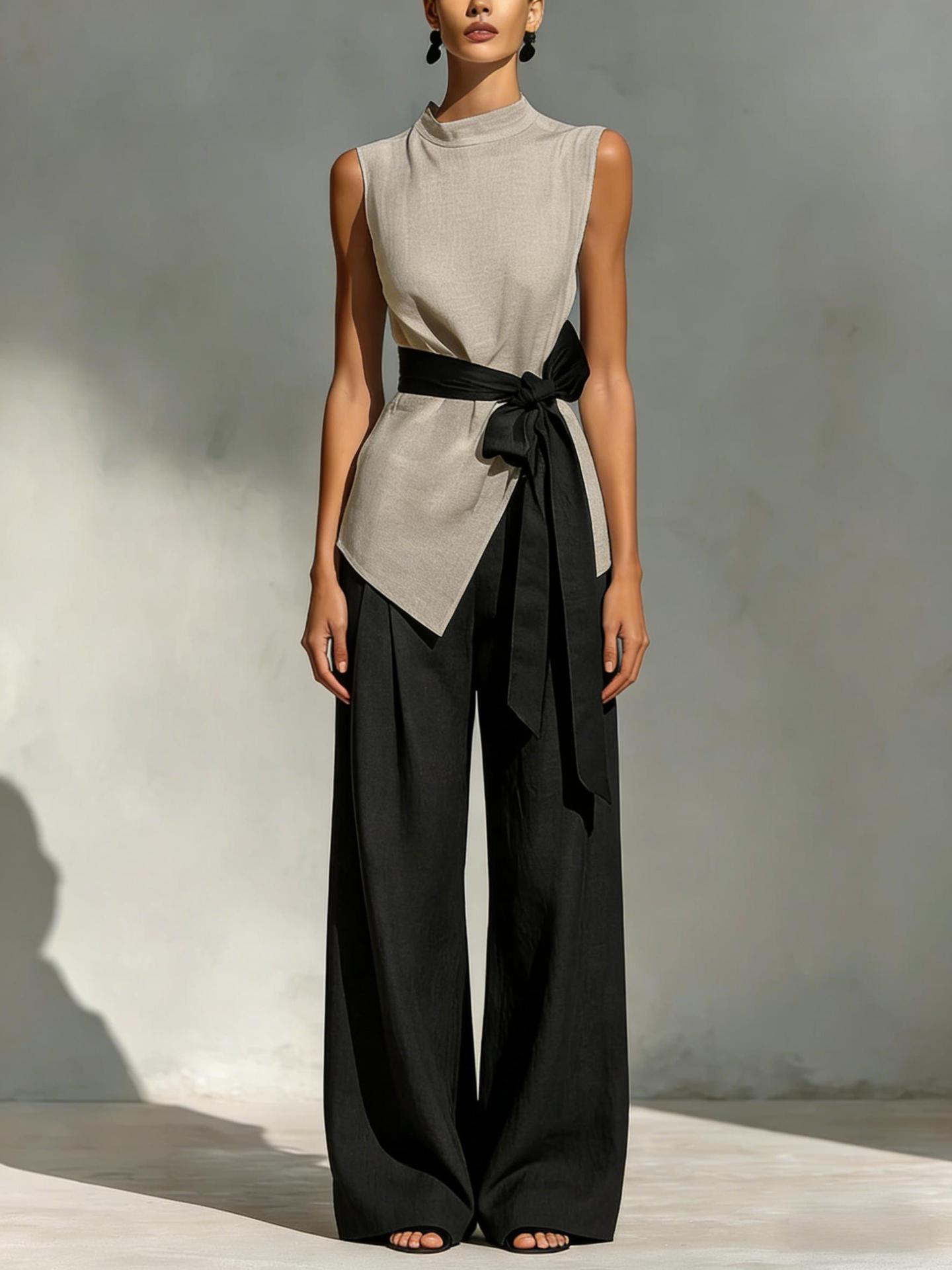 Women's Lace-Up Sleeveless Top & Wide-Leg Pants Set