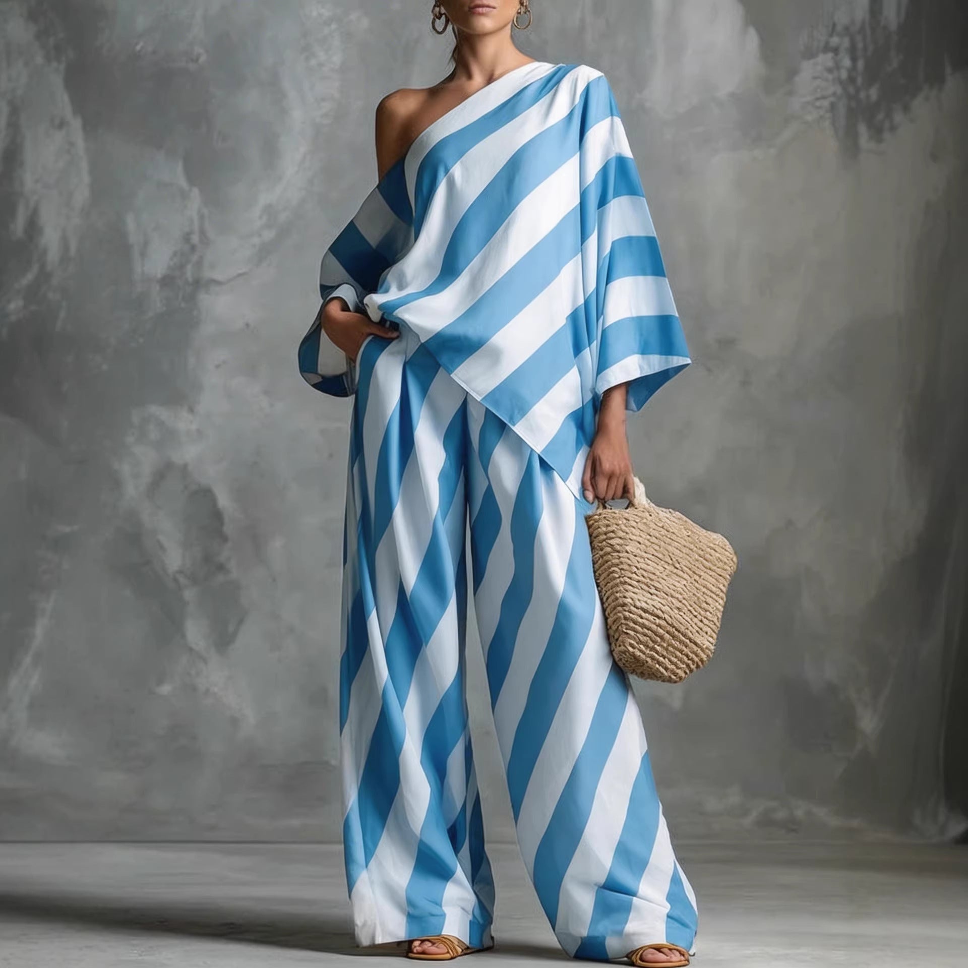 Women's Retro Striped Batwing Top & Wide-Leg Pants Set – Vintage 2-Piece