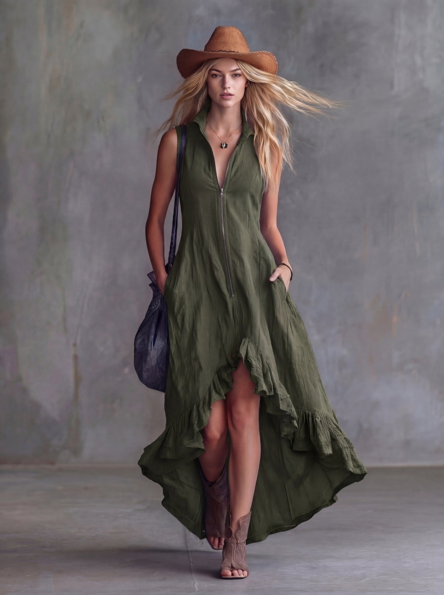 Lapel Collar Zip-Front Ruffle Hem Boho Dress