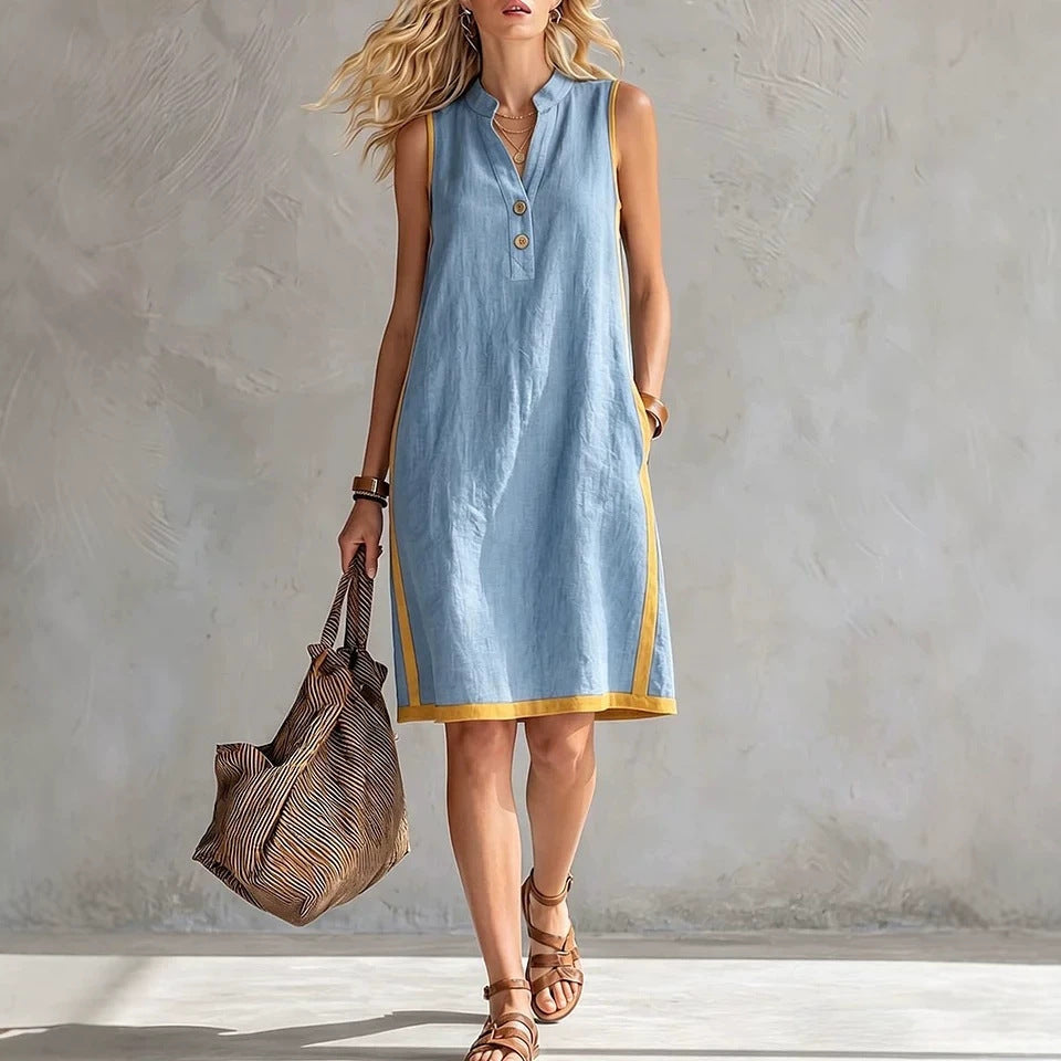 Women's Sleeveless V-Neck Button-Front Pocketed A-Line Midi Dress