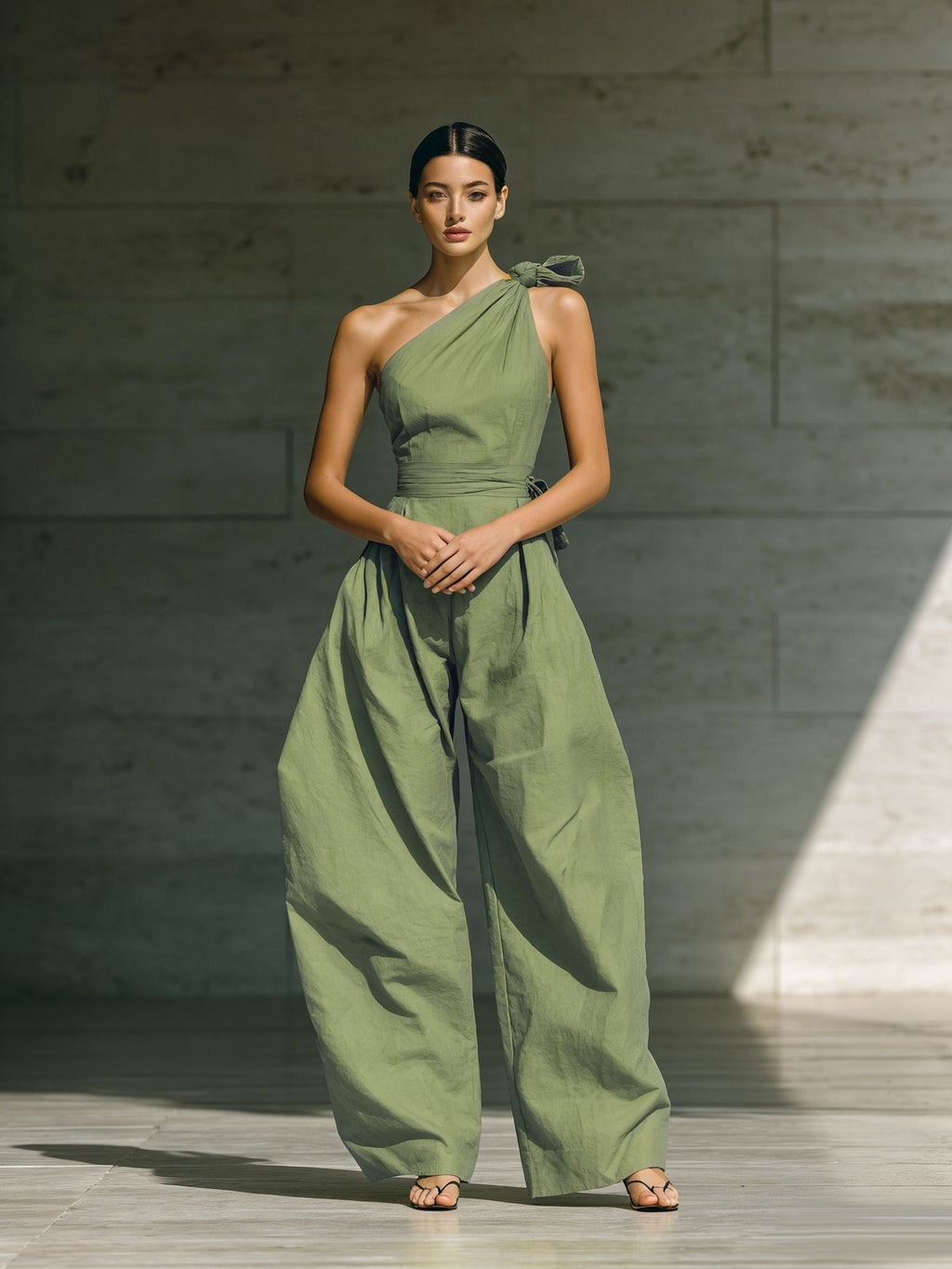 Women's Loose Sleeveless Off-Shoulder Belted Wide-Leg Jumpsuit