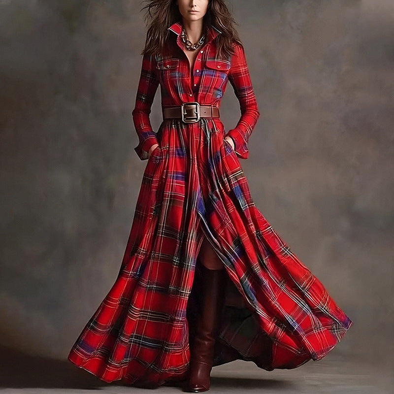 Women's Printed Lapel Slim-Fit Dress – Elegant Commuter Style
