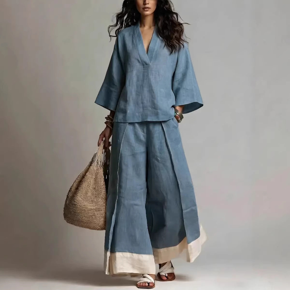 Women's Cotton-Linen V-Neck 3/4 Sleeve Shirt & Wide-Leg Pants Set
